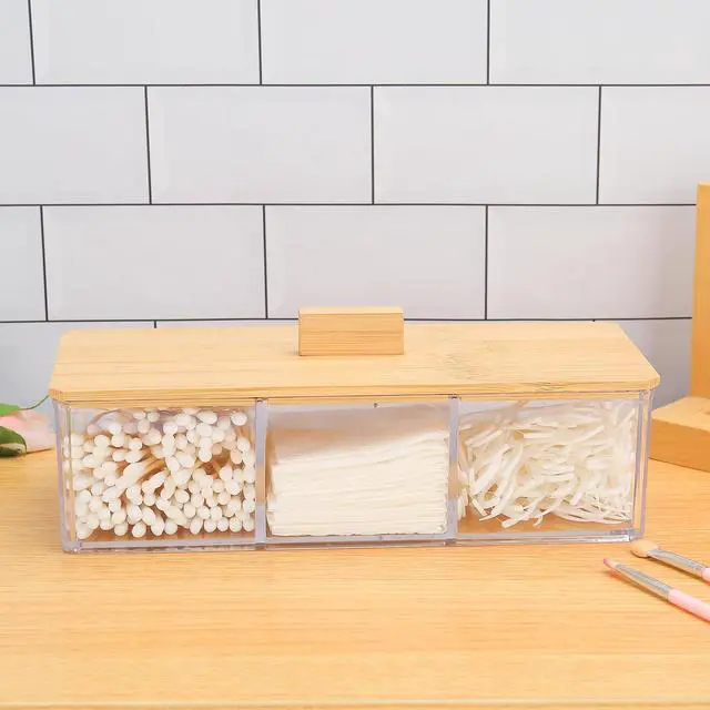 Alt view image 2 of 7 - Wood Qtip Holder 3 Compartments Cotton Ball and Swab Holder Organizer with Lid,Jar for Cotton Rounds,Bathroom Containers,Clear Acrylic Desk Organizer for Makeup Pads,Cosmetics Bedroom