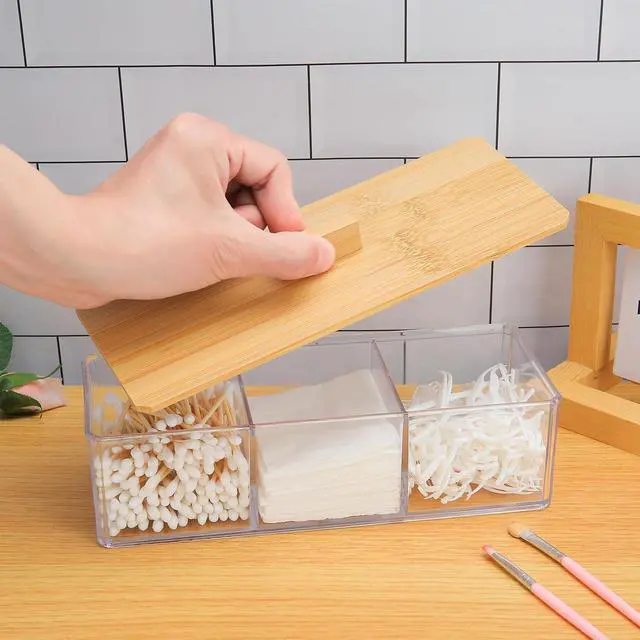 Alt view image 3 of 7 - Wood Qtip Holder 3 Compartments Cotton Ball and Swab Holder Organizer with Lid,Jar for Cotton Rounds,Bathroom Containers,Clear Acrylic Desk Organizer for Makeup Pads,Cosmetics Bedroom