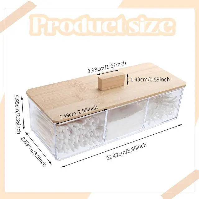 Alt view image 4 of 7 - Wood Qtip Holder 3 Compartments Cotton Ball and Swab Holder Organizer with Lid,Jar for Cotton Rounds,Bathroom Containers,Clear Acrylic Desk Organizer for Makeup Pads,Cosmetics Bedroom