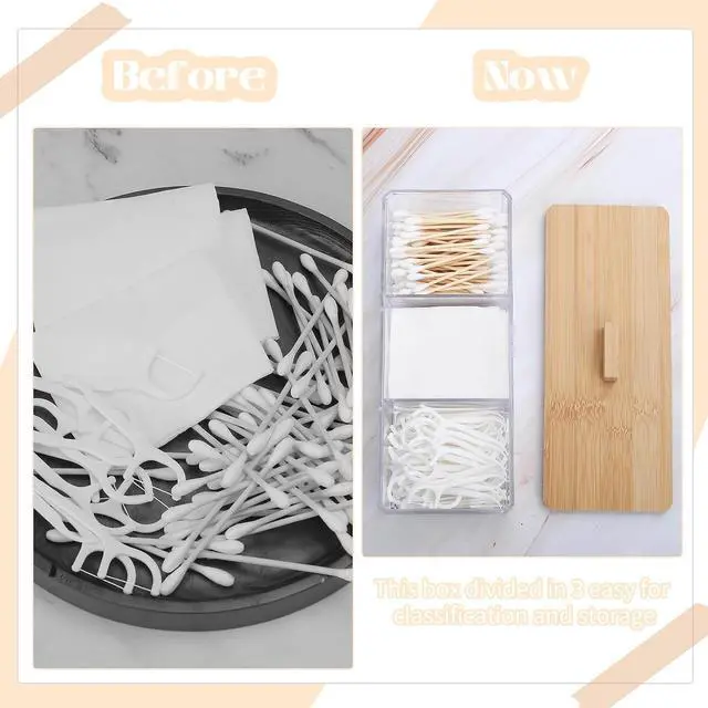 Alt view image 5 of 7 - Wood Qtip Holder 3 Compartments Cotton Ball and Swab Holder Organizer with Lid,Jar for Cotton Rounds,Bathroom Containers,Clear Acrylic Desk Organizer for Makeup Pads,Cosmetics Bedroom