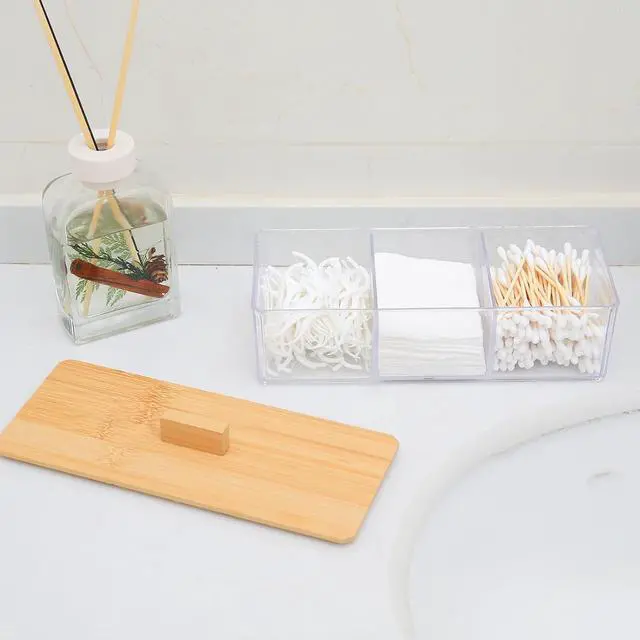 Alt view image 6 of 7 - Wood Qtip Holder 3 Compartments Cotton Ball and Swab Holder Organizer with Lid,Jar for Cotton Rounds,Bathroom Containers,Clear Acrylic Desk Organizer for Makeup Pads,Cosmetics Bedroom