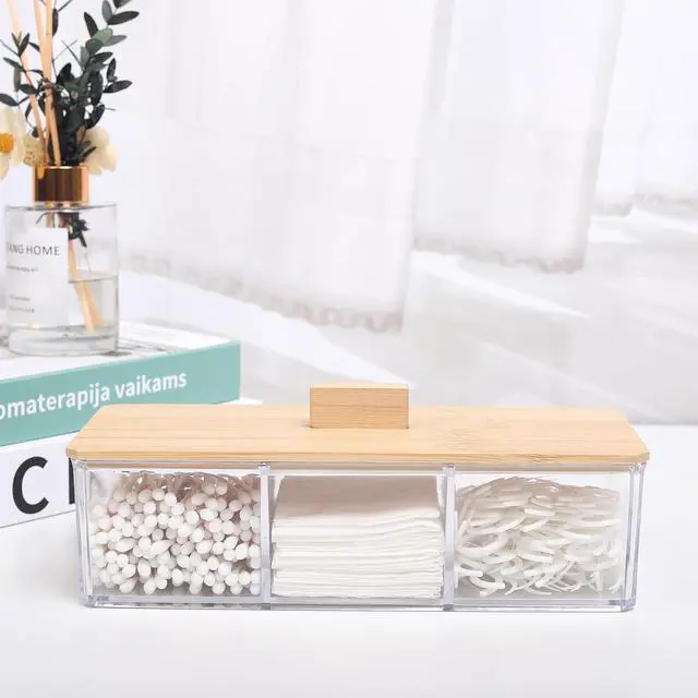 Alt view image 7 of 7 - Wood Qtip Holder 3 Compartments Cotton Ball and Swab Holder Organizer with Lid,Jar for Cotton Rounds,Bathroom Containers,Clear Acrylic Desk Organizer for Makeup Pads,Cosmetics Bedroom
