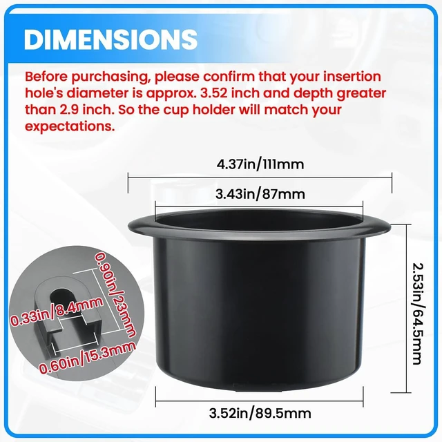 Alt view image 2 of 7 - SDTC Tech 2 PCS Black Plastic Cup Holder Inserts for Sofa Recliner Table Boat Car Drop-in Replacement (Fit for Approx. 3.52 Diameter Insert Hole)