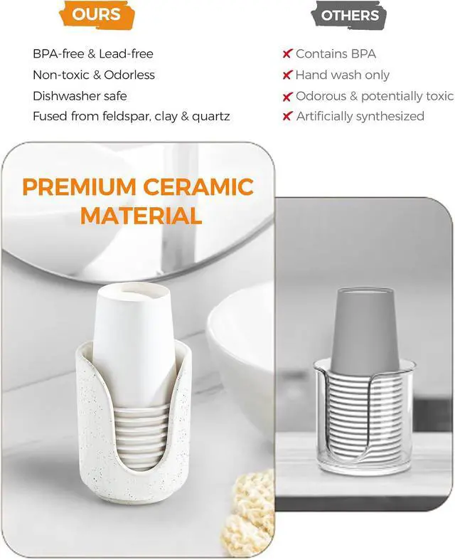 Alt view image 4 of 7 - ABRUTY Bathroom Cup Dispenser, 3oz-4oz Ceramic Paper Cup Holder, Small Countertop Mouthwash Dixie Cups Accessories, for Vanity Countertops, Bathroom, Kitchen, and Dining Room, Sand