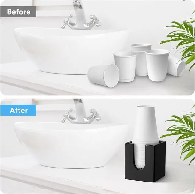 Alt view image 6 of 7 - Bathroom Cup Dispenser 3-4oz Disposable Paper Cup Dispenser Storage Holder for Bathroom Cotton Pad Container, Vanity Countertops Guest Bathroom Essentials- Black