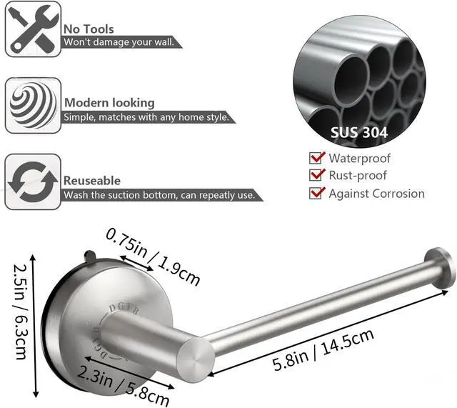 Alt view image 7 of 7 - DGYB Suction Cup Toilet Paper Holder - No Drill Adhesive Wall Mount, 5.8 Inch Rustproof Stainless Steel TP Roll Holder for Bathroom Kitchen