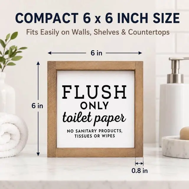 Alt view image 2 of 7 - Do Not Flush Sign for Bathroom, 6 x 6 Inch Wooden Famed Flush Only Toilet Paper Sign for Business or RV Bathroom, Guest Toilet Bathroom Rules Wall Art Decoration for Home Table Shelf