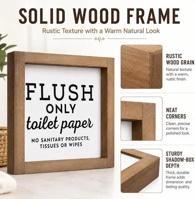 Alt view image 3 of 7 - Do Not Flush Sign for Bathroom, 6 x 6 Inch Wooden Famed Flush Only Toilet Paper Sign for Business or RV Bathroom, Guest Toilet Bathroom Rules Wall Art Decoration for Home Table Shelf