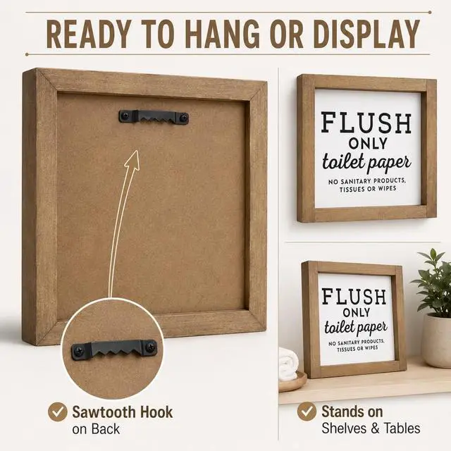 Alt view image 4 of 7 - Do Not Flush Sign for Bathroom, 6 x 6 Inch Wooden Famed Flush Only Toilet Paper Sign for Business or RV Bathroom, Guest Toilet Bathroom Rules Wall Art Decoration for Home Table Shelf