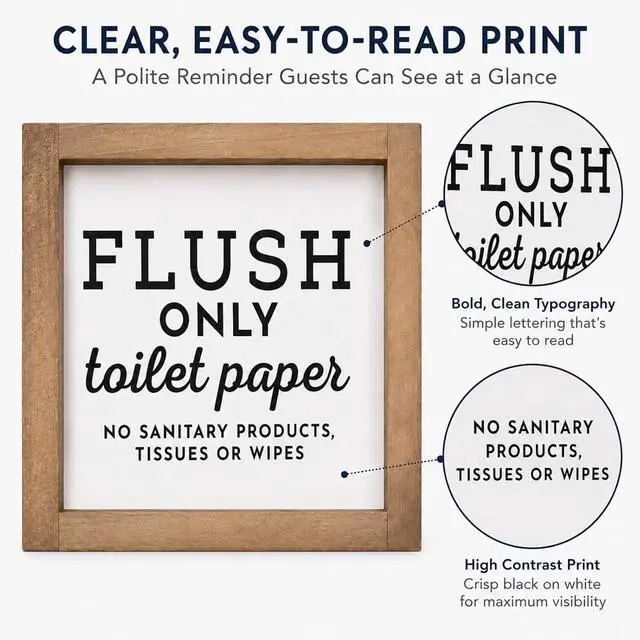 Alt view image 5 of 7 - Do Not Flush Sign for Bathroom, 6 x 6 Inch Wooden Famed Flush Only Toilet Paper Sign for Business or RV Bathroom, Guest Toilet Bathroom Rules Wall Art Decoration for Home Table Shelf