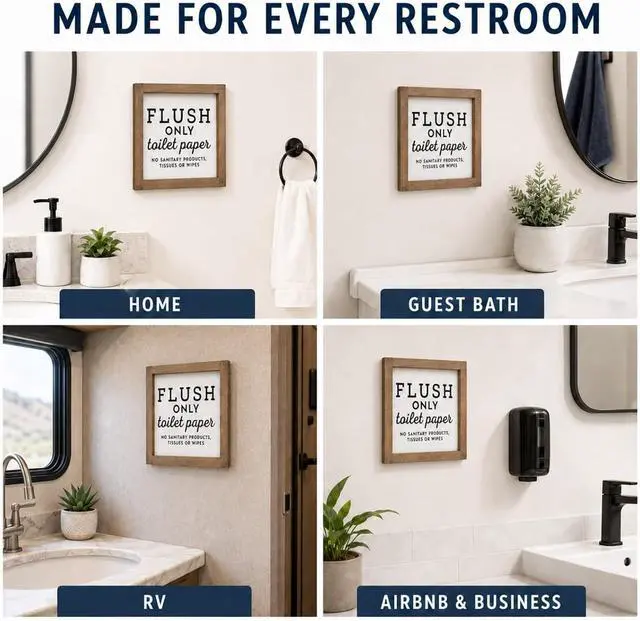 Alt view image 6 of 7 - Do Not Flush Sign for Bathroom, 6 x 6 Inch Wooden Famed Flush Only Toilet Paper Sign for Business or RV Bathroom, Guest Toilet Bathroom Rules Wall Art Decoration for Home Table Shelf