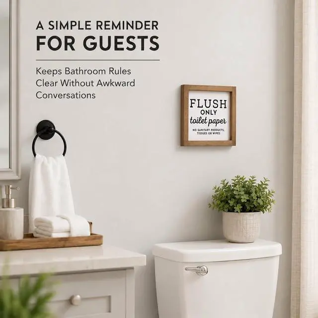 Alt view image 7 of 7 - Do Not Flush Sign for Bathroom, 6 x 6 Inch Wooden Famed Flush Only Toilet Paper Sign for Business or RV Bathroom, Guest Toilet Bathroom Rules Wall Art Decoration for Home Table Shelf