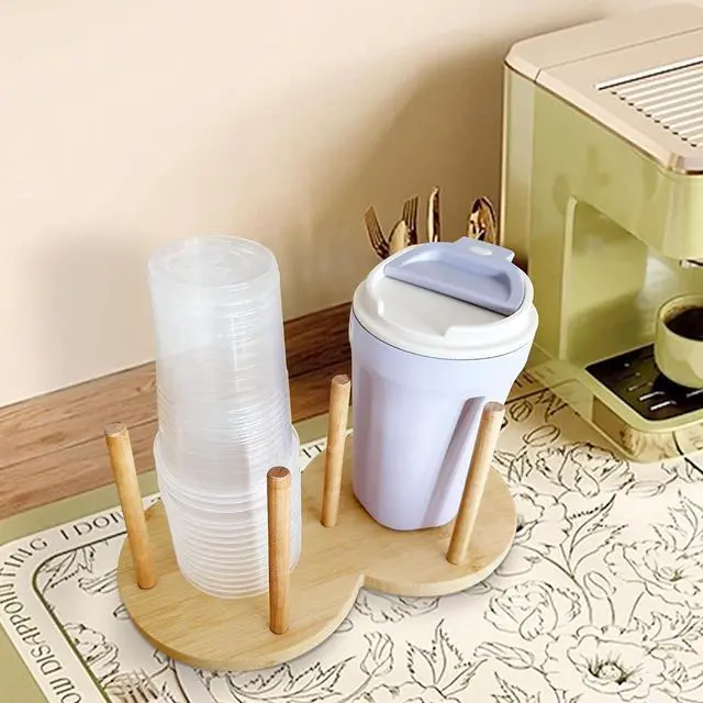Alt view image 6 of 7 - Round Wooden 2 Compartment Coffee Table Organizer, Cup Dispenser Countertop, Disposable Paper Cup Holder, Lid Organizer for Restaurant Countertop Storage Supplies