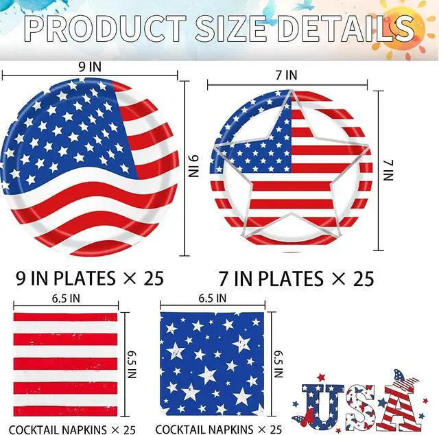 Alt view image 2 of 7 - 100 PCS 4th of July Paper Plates and Napkins Independence Day Tableware Set American Flag Dinnerware Party Decorations for Patriotic 250th anniversary Veterans Day (Star)