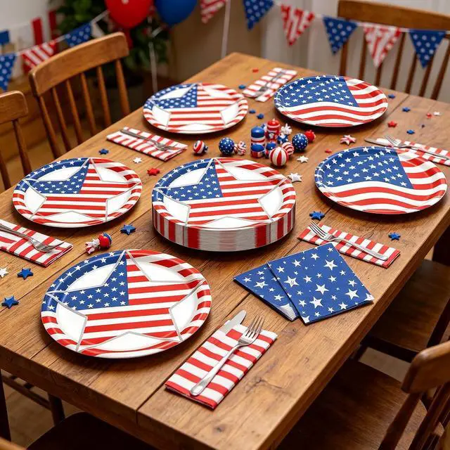 Alt view image 6 of 7 - 100 PCS 4th of July Paper Plates and Napkins Independence Day Tableware Set American Flag Dinnerware Party Decorations for Patriotic 250th anniversary Veterans Day (Star)