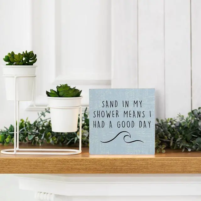 Alt view image 5 of 6 - Beach Wooden Sign,Coastal Bathroom Signs,Beach Theme Bathroom Decor,Sand in My Shower Means I Had a Great Day Wood Box Sign,Coastal Easter Decor for Home House Table Desk Shelf