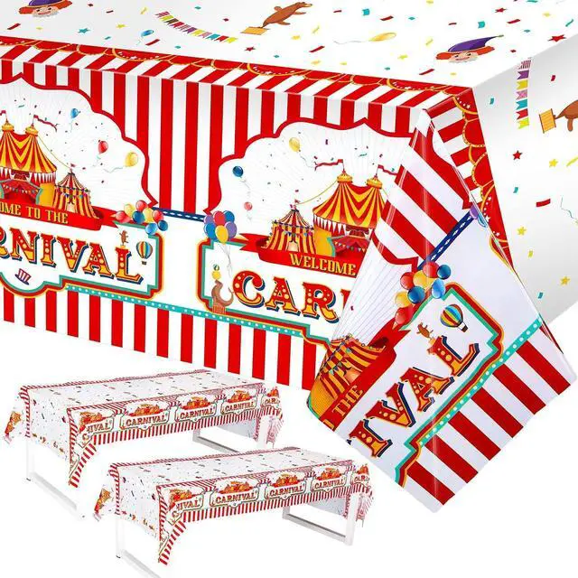 Main image of 3 Pack Carnival Tablecloth Red White Striped Plastic Table Cover 108x54 in