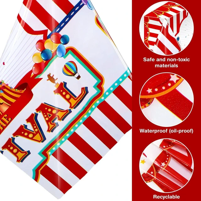 Alt view image 3 of 7 - 3 Pack Carnival Tablecloth Red White Striped Plastic Table Cover 108x54 in
