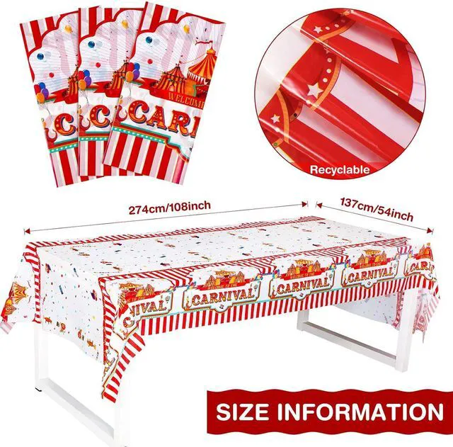 Alt view image 2 of 7 - 3 Pack Carnival Tablecloth Red White Striped Plastic Table Cover 108x54 in