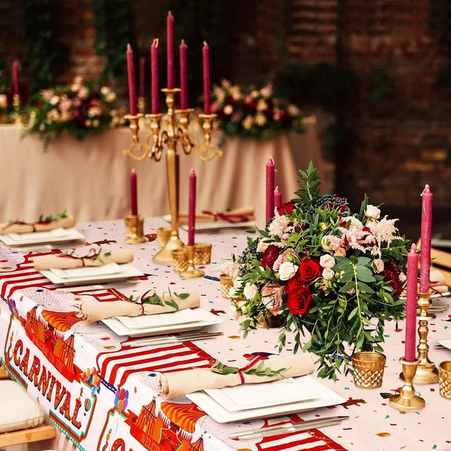 Alt view image 7 of 7 - 3 Pack Carnival Tablecloth Red White Striped Plastic Table Cover 108x54 in
