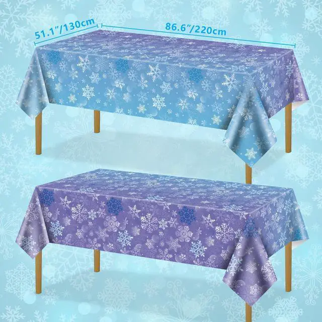 Alt view image 2 of 7 - 2 Pack Snowflake Tablecloths, 87x51'' Plastic Blue Purple Snowflake Table Cover Winter Wonderland Birthday Backdrop Decorations for Girls Princess Party Christmas Winter Holiday Party