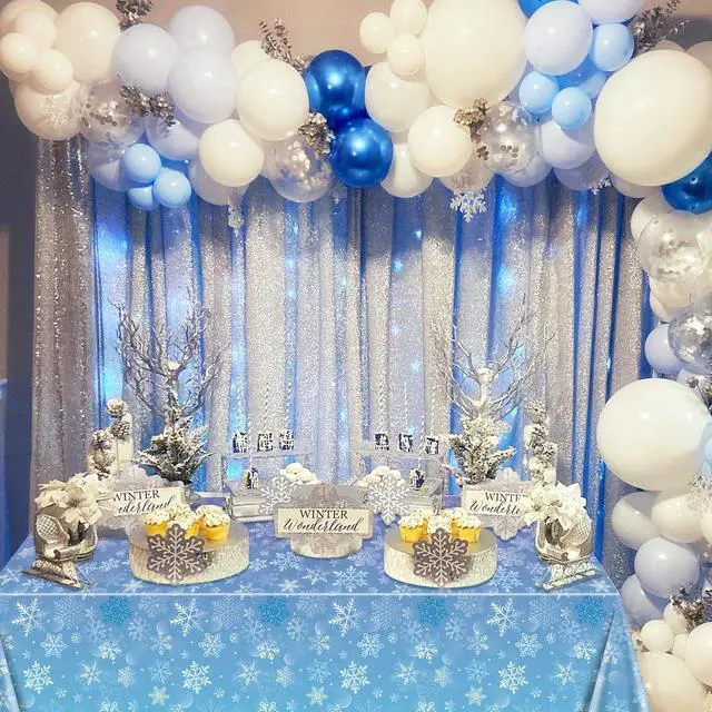 Alt view image 3 of 7 - 2 Pack Snowflake Tablecloths, 87x51'' Plastic Blue Purple Snowflake Table Cover Winter Wonderland Birthday Backdrop Decorations for Girls Princess Party Christmas Winter Holiday Party