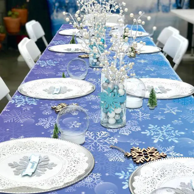 Alt view image 5 of 7 - 2 Pack Snowflake Tablecloths, 87x51'' Plastic Blue Purple Snowflake Table Cover Winter Wonderland Birthday Backdrop Decorations for Girls Princess Party Christmas Winter Holiday Party