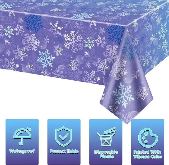 Alt view image 7 of 7 - 2 Pack Snowflake Tablecloths, 87x51'' Plastic Blue Purple Snowflake Table Cover Winter Wonderland Birthday Backdrop Decorations for Girls Princess Party Christmas Winter Holiday Party