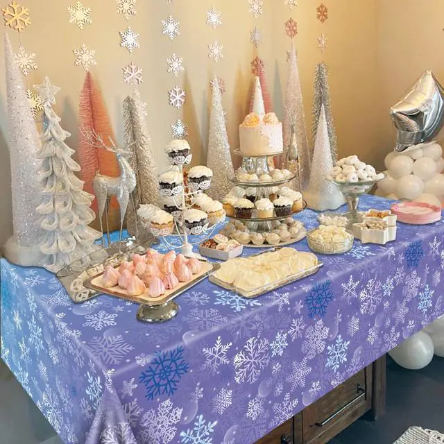 Alt view image 6 of 7 - 2 Pack Snowflake Tablecloths, 87x51'' Plastic Blue Purple Snowflake Table Cover Winter Wonderland Birthday Backdrop Decorations for Girls Princess Party Christmas Winter Holiday Party