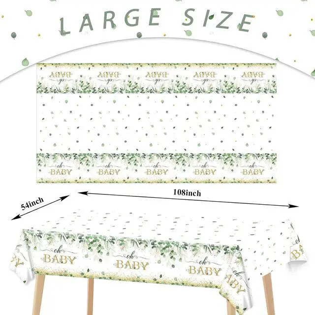 Alt view image 2 of 6 - 3 Pieces Sage Greenery Oh Baby Tablecloths for Baby Shower Party Decorations Plastic Disposable Gold Foil Eucalyptus Leaf Table Covers for Rectangle Tables Sage Boho Woodland Neutral Party Supplies
