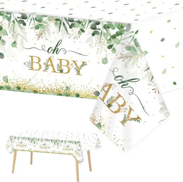 Main image of 3 Pieces Sage Greenery Oh Baby Tablecloths for Baby Shower Party Decorations Plastic Disposable Gold Foil Eucalyptus Leaf Table Covers for Rectangle Tables Sage Boho Woodland Neutral Party Supplies