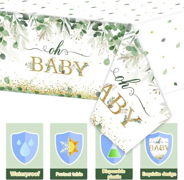 Alt view image 3 of 6 - 3 Pieces Sage Greenery Oh Baby Tablecloths for Baby Shower Party Decorations Plastic Disposable Gold Foil Eucalyptus Leaf Table Covers for Rectangle Tables Sage Boho Woodland Neutral Party Supplies