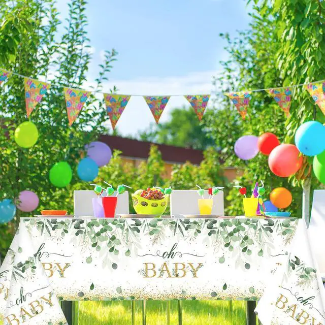Alt view image 4 of 6 - 3 Pieces Sage Greenery Oh Baby Tablecloths for Baby Shower Party Decorations Plastic Disposable Gold Foil Eucalyptus Leaf Table Covers for Rectangle Tables Sage Boho Woodland Neutral Party Supplies