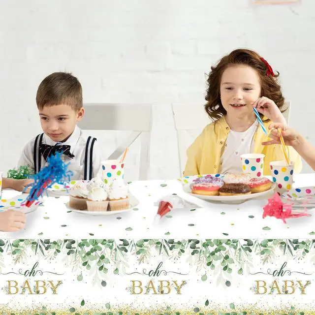Alt view image 5 of 6 - 3 Pieces Sage Greenery Oh Baby Tablecloths for Baby Shower Party Decorations Plastic Disposable Gold Foil Eucalyptus Leaf Table Covers for Rectangle Tables Sage Boho Woodland Neutral Party Supplies