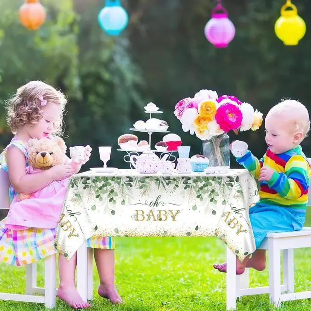 Alt view image 6 of 6 - 3 Pieces Sage Greenery Oh Baby Tablecloths for Baby Shower Party Decorations Plastic Disposable Gold Foil Eucalyptus Leaf Table Covers for Rectangle Tables Sage Boho Woodland Neutral Party Supplies