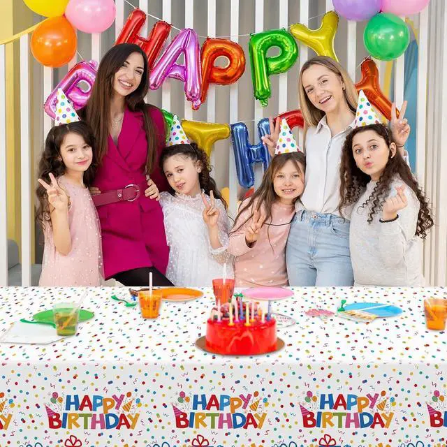 Alt view image 6 of 7 - 3 Pack Plastic Birthday Tablecloth, Disposable PE Happy Birthday Tablecloth