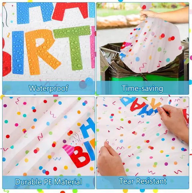 Alt view image 5 of 7 - 3 Pack Plastic Birthday Tablecloth, Disposable PE Happy Birthday Tablecloth