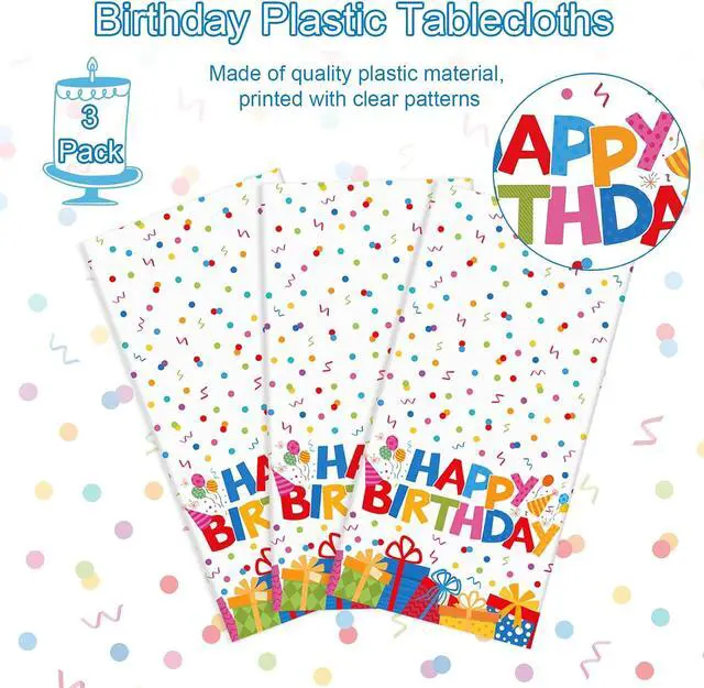 Alt view image 3 of 7 - 3 Pack Plastic Birthday Tablecloth, Disposable PE Happy Birthday Tablecloth