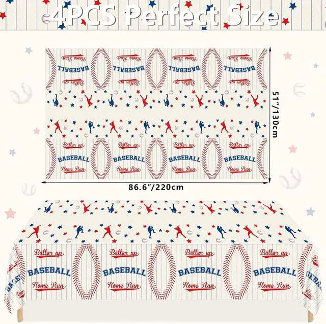 Alt view image 2 of 7 - 2 Pack Baseball Tablecloths, 51x87'' Table Cover, Plastic Disposable Decorations for Kids Boys Birthday, Rookie of The Year 1st Birthday, Game Day