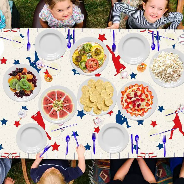 Alt view image 6 of 7 - 2 Pack Baseball Tablecloths, 51x87'' Table Cover, Plastic Disposable Decorations for Kids Boys Birthday, Rookie of The Year 1st Birthday, Game Day