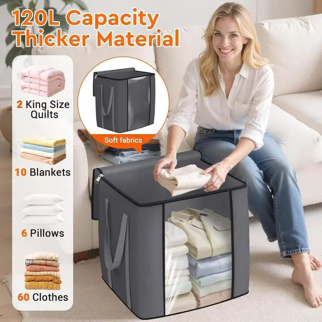 Alt view image 3 of 7 - TasticTotes 120L Extra Large Blanket Clothes Storage Bags, Gray, 1 Pack