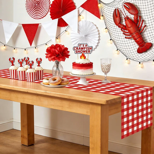 Alt view image 5 of 7 - 6 Pack Red Gingham Table Runner, Red and White Checkered Tablecloths 14 x 108 Inches Rectangular Waterproof Picnic Table Runner for Birthday Party Crawfish Boil Party Supplies