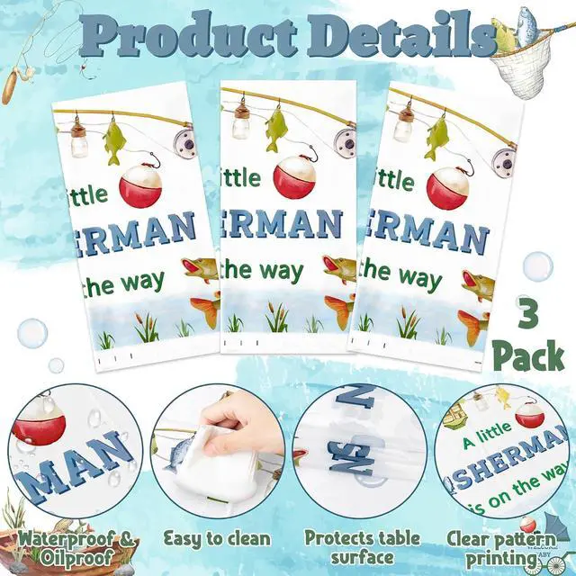 Alt view image 3 of 6 - ANGOLIO 3Pcs Fishing Party Tablecloth Decorations Summer Fishing Baby Shower Its a Boy Disposable Table Cover Decor for Kid Boy Girl Gender Reveal Little Fisherman Themed Birthday Party Supplies
