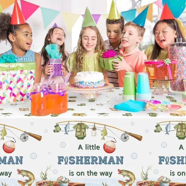 Alt view image 5 of 6 - ANGOLIO 3Pcs Fishing Party Tablecloth Decorations Summer Fishing Baby Shower Its a Boy Disposable Table Cover Decor for Kid Boy Girl Gender Reveal Little Fisherman Themed Birthday Party Supplies