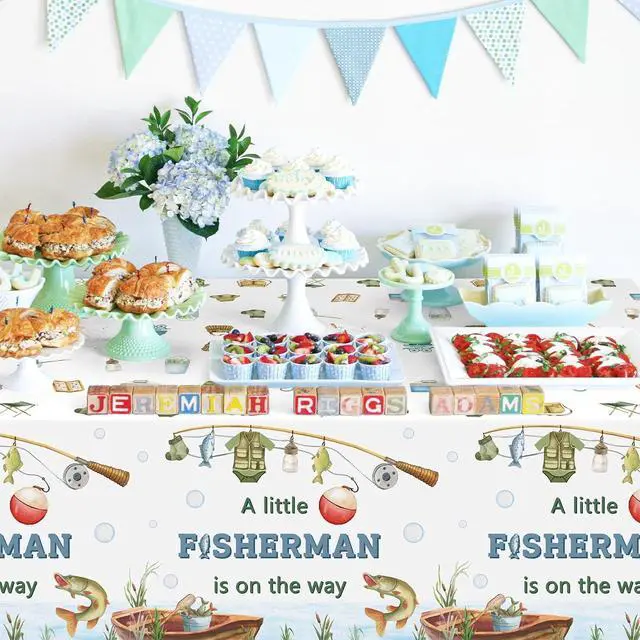 Alt view image 6 of 6 - ANGOLIO 3Pcs Fishing Party Tablecloth Decorations Summer Fishing Baby Shower Its a Boy Disposable Table Cover Decor for Kid Boy Girl Gender Reveal Little Fisherman Themed Birthday Party Supplies