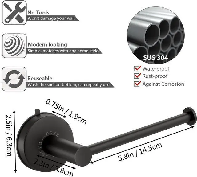 Alt view image 7 of 7 - DGYB Suction Cup Toilet Paper Holder - No Drill Adhesive Wall Mount, 5.8 Inch Rustproof Stainless Steel TP Roll Holder for Bathroom Kitchen