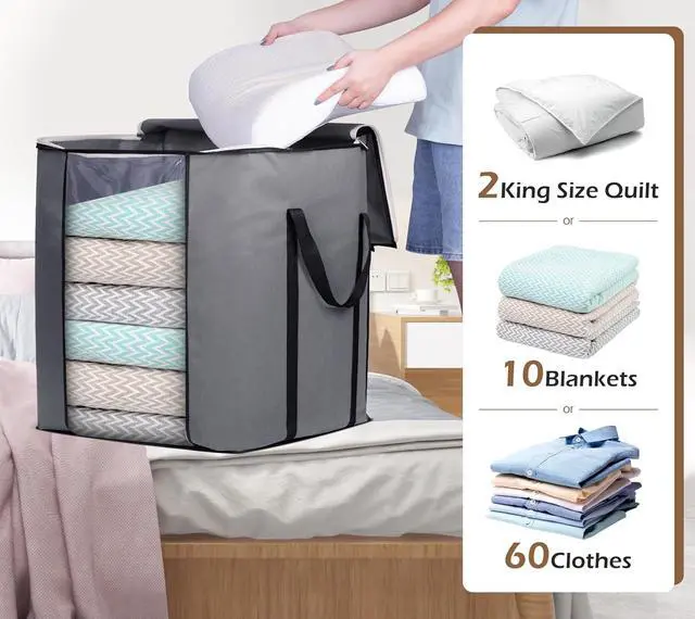 Alt view image 3 of 7 - SLEEPING LAMB 120L Extra Large Blanket Storage Bags Breathable Clothes Storage Containers for King Comforter Bedding Pillow Sheet, Reinforced Handles, Grey