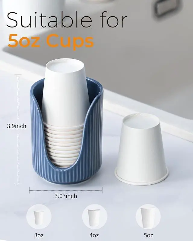 Alt view image 2 of 7 - ABRUTY Bathroom Cup Dispenser, 3oz-4oz Ceramic Paper Cup Holder, Small Countertop Mouthwash Dixie Cups Accessories, for Vanity Countertops, Bathroom, Kitchen, and Dining Room, Blue