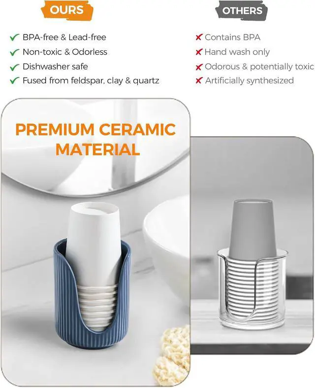 Alt view image 3 of 7 - ABRUTY Bathroom Cup Dispenser, 3oz-4oz Ceramic Paper Cup Holder, Small Countertop Mouthwash Dixie Cups Accessories, for Vanity Countertops, Bathroom, Kitchen, and Dining Room, Blue