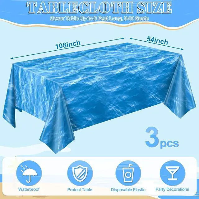 Alt view image 2 of 6 - 3 Pack Ocean Waves Plastic Tablecloth, Disposable Water Print Table Cloths
